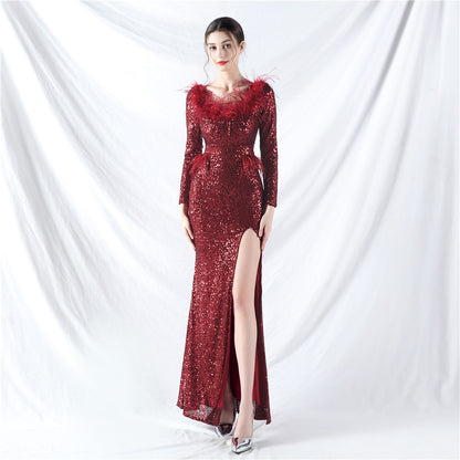 31957 #Popular trade new craft order ostrich hair long-sleeved bead evening dress