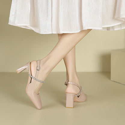 2025 778-11 one-word square head thick heel high heels women's 2025 summer new rhinestone empty bag head high heel sandals