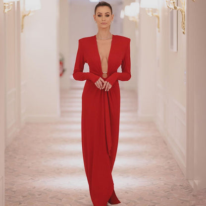 LOVEVOP 2023 autumn and winter new black long-sleeved ring  women's clothing V-neck white red long high-end dress