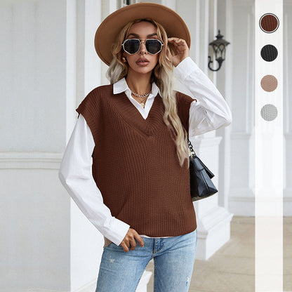 LOVEVOP Hot cross-border new autumn solid color v-neck knitted sweater commuter sleeveless vest vest 2025 V-neck top