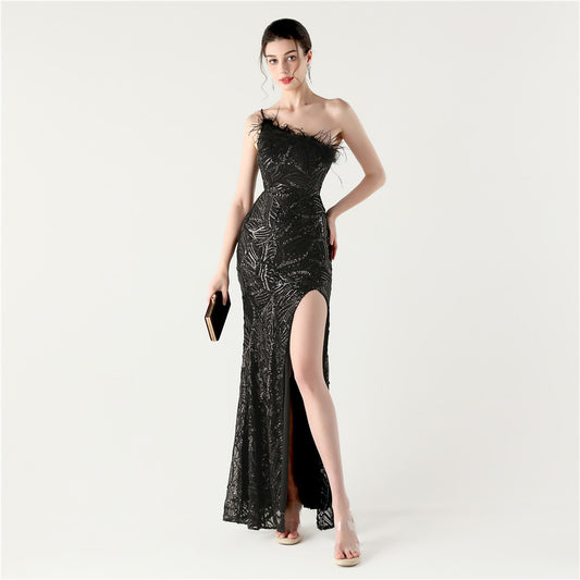 33328 #2025 new sequined evening dress heavy industry stapled beads oblique collar shoulder high split evening dress