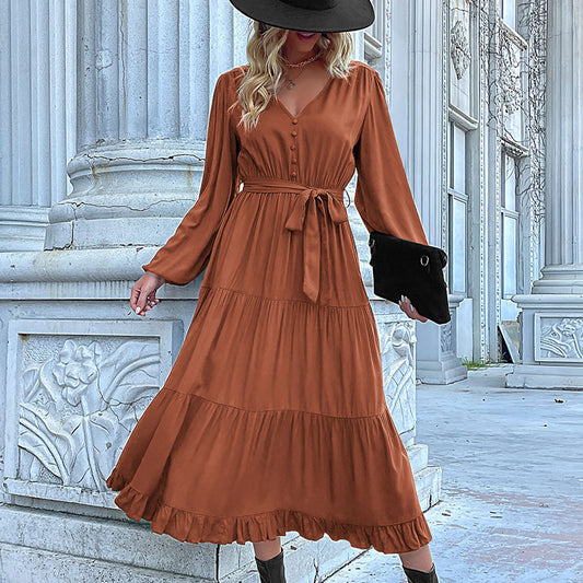 LOVEVOP Hot autumn and winter new  independent station cross-border 2025 foreign trade women's long-sleeved pleated splicing dress