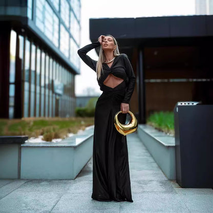 LOVEVOP Cross-border  women's clothing 2023 winter new long-sleeved kinked navel dress dress  black long