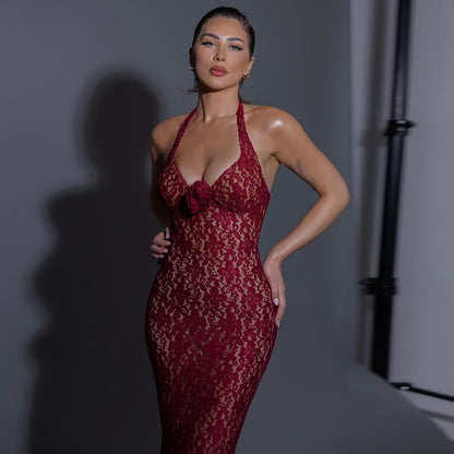 LOVEVOP popular summer suspender neck slim fit  red new lace mesh dress long dress evening dress wholesale