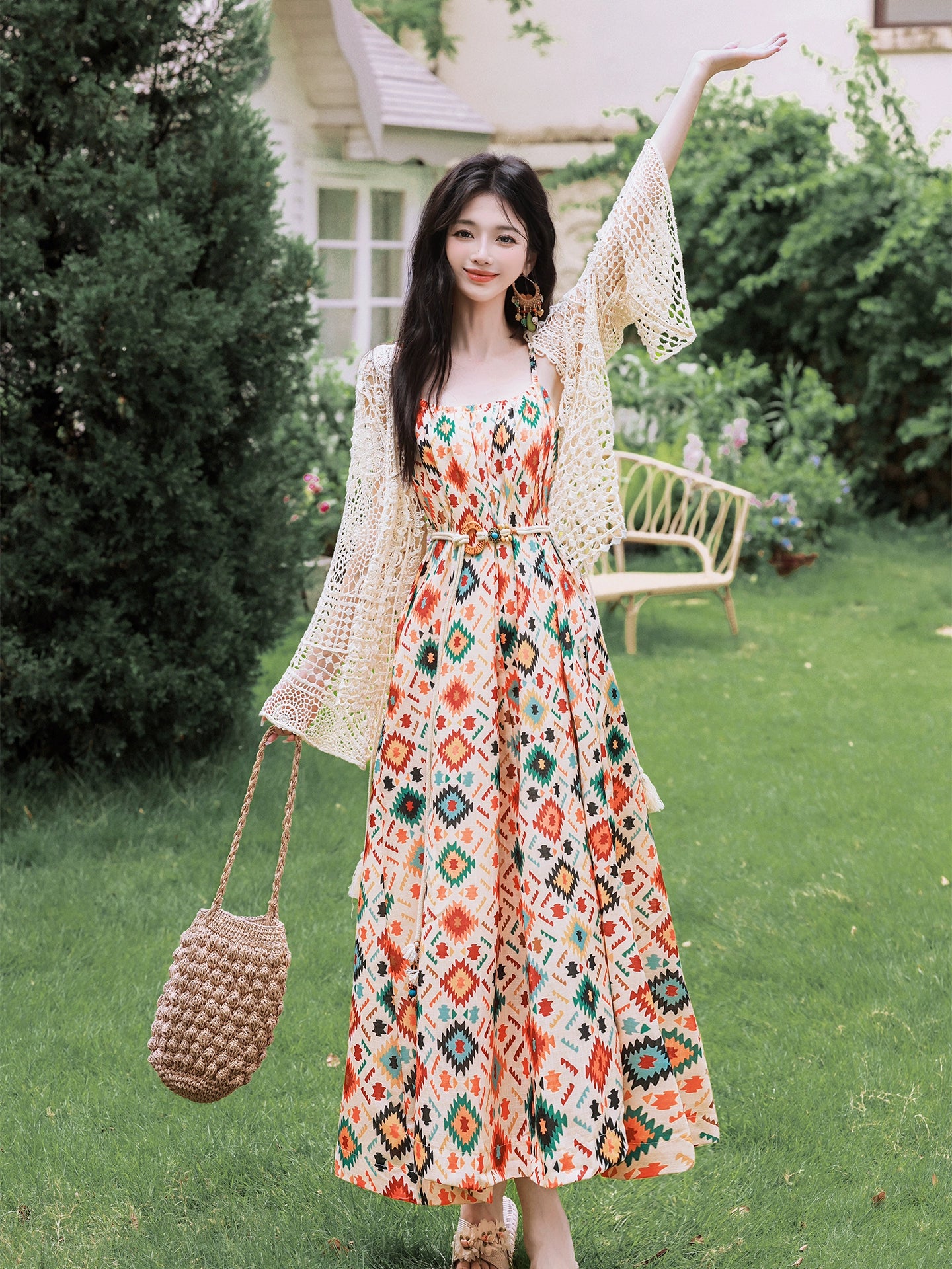 South  seaside vacation floral suspender dress women's summer loose long dress with hollow crochet jacket two-piece set