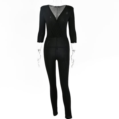 2025 women's clothing spring and autumn new sexy tops New Popular trade deep V-neck chest-wrapped shoulder pads half-sleeved bright silk jumpsuits