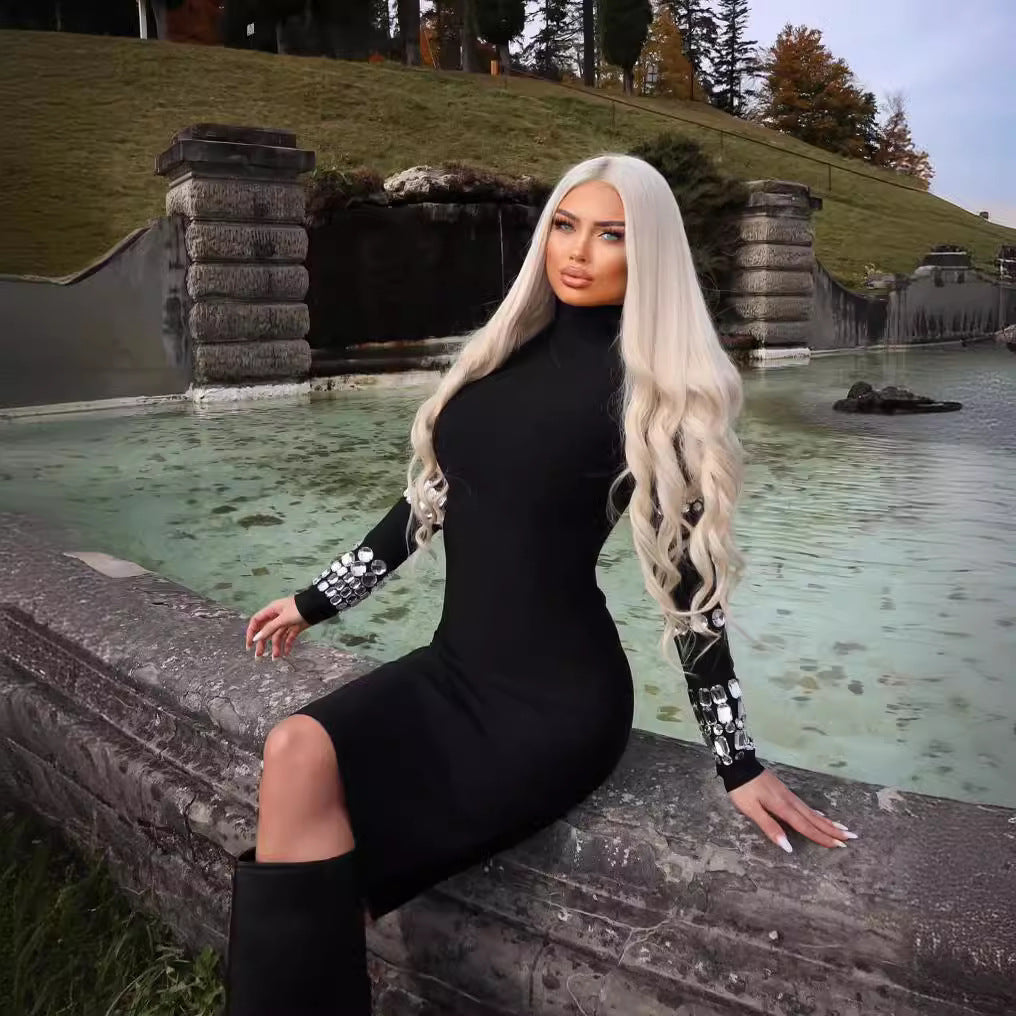 LOVEVOP  black heavy industry diamond-encrusted long-sleeved turtleneck bandage dress high-end sense slim-fitting knitted women's clothing autumn and winter models
