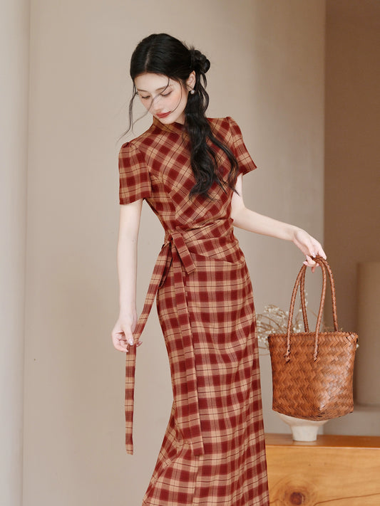 New Chinese national style improved cheongsam temperament dress women's retro plaid dress summer unique and beautiful waist skirt
