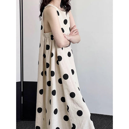 Light-colored sleeves cut, shoulders dug, polka dots cotton and linen vest, dress for women, simple and generous Korean atmosphere, old money style skirt