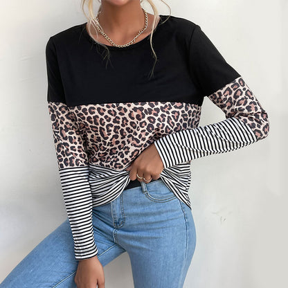 LOVEVOP Popular trade popular autumn 2025 contrasting color pullover top round neck street leopard print splicing bottoming T-shirt women