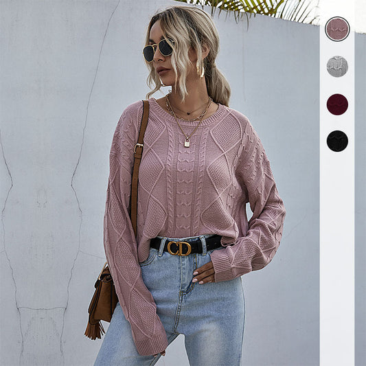 LOVEVOP New Popular trade 2025 women's clothing solid color knitted twist crew neck sweater women's short pullover autumn and winter top