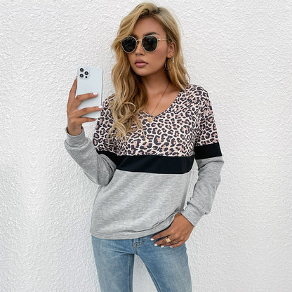 LOVEVOP popular autumn new 2025 contrasting colors leopard print v-neck pullover casual top bottoming long-sleeved t-shirt wholesale