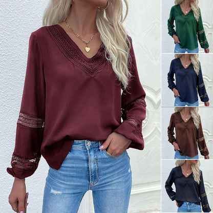 LOVEVOP New women's clothing popular spring and autumn long-sleeved shirt splicing lace pullover V-neck hollow design shirt