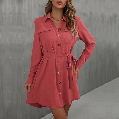 LOVEVOP Cross-border  Hot autumn 2025 cardigan shirt lapel women's commuter lace-up shirt dress