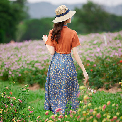 High-end temperament women's clothing  summer new loose Popular floral shirt short-sleeved temperament cotton and linen dress