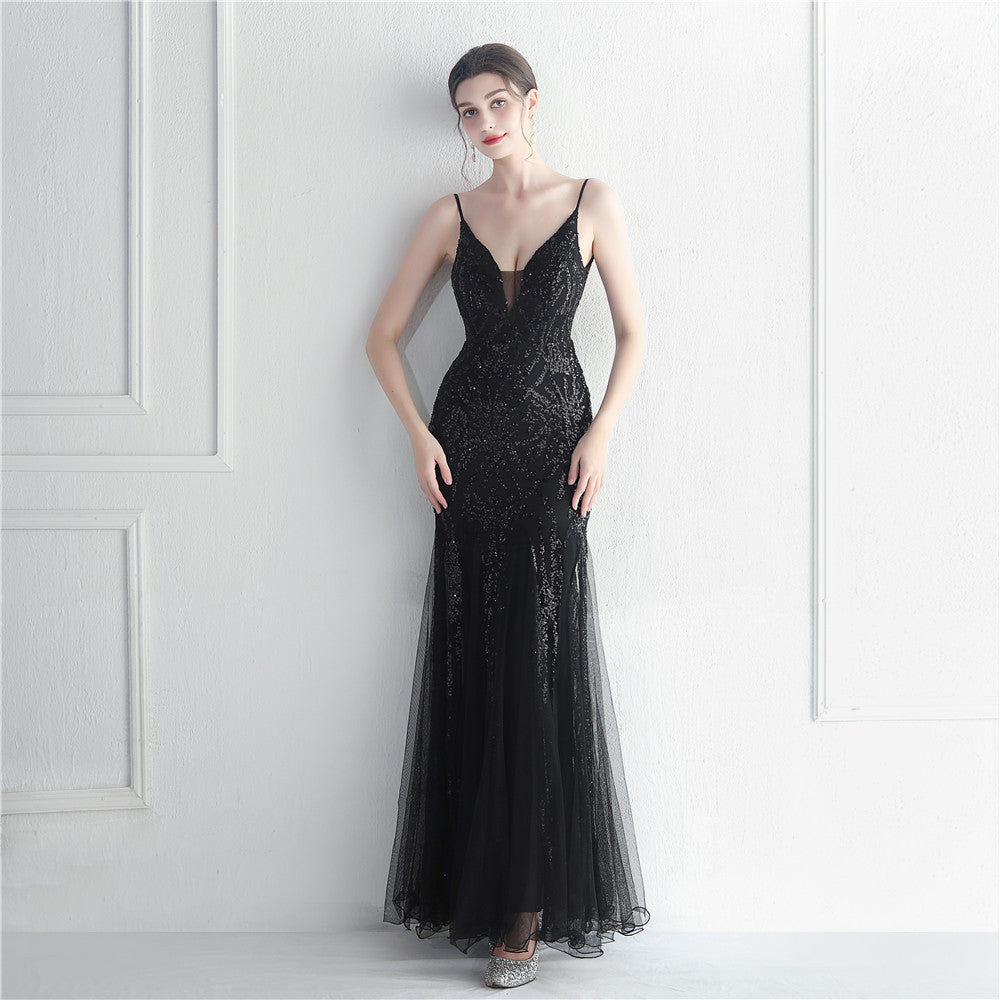 19865 #Spot sequined mesh sexy suspender star Internet celebrity event long evening dress dress
