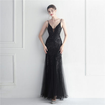 19865 #Spot sequined mesh sexy suspender star Internet celebrity event long evening dress dress