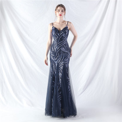 31903 #Hot trade new product laminated bead splicing mesh suspender evening dress