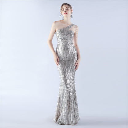 31357 #Hot Trade popular New Symphony Bead Craft Bead Shoulder Slant Neck High-end Slim Evening Dress