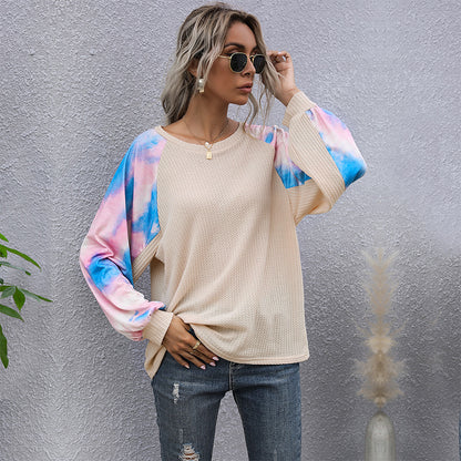 LOVEVOP New Popular, 2025 and popular new waffle bottoming long-sleeved shirt tie-dye round neck splicing pullover T-shirt women