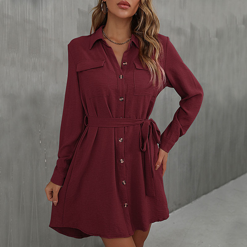 LOVEVOP Cross-border  Hot autumn 2025 cardigan shirt lapel women's commuter lace-up shirt dress