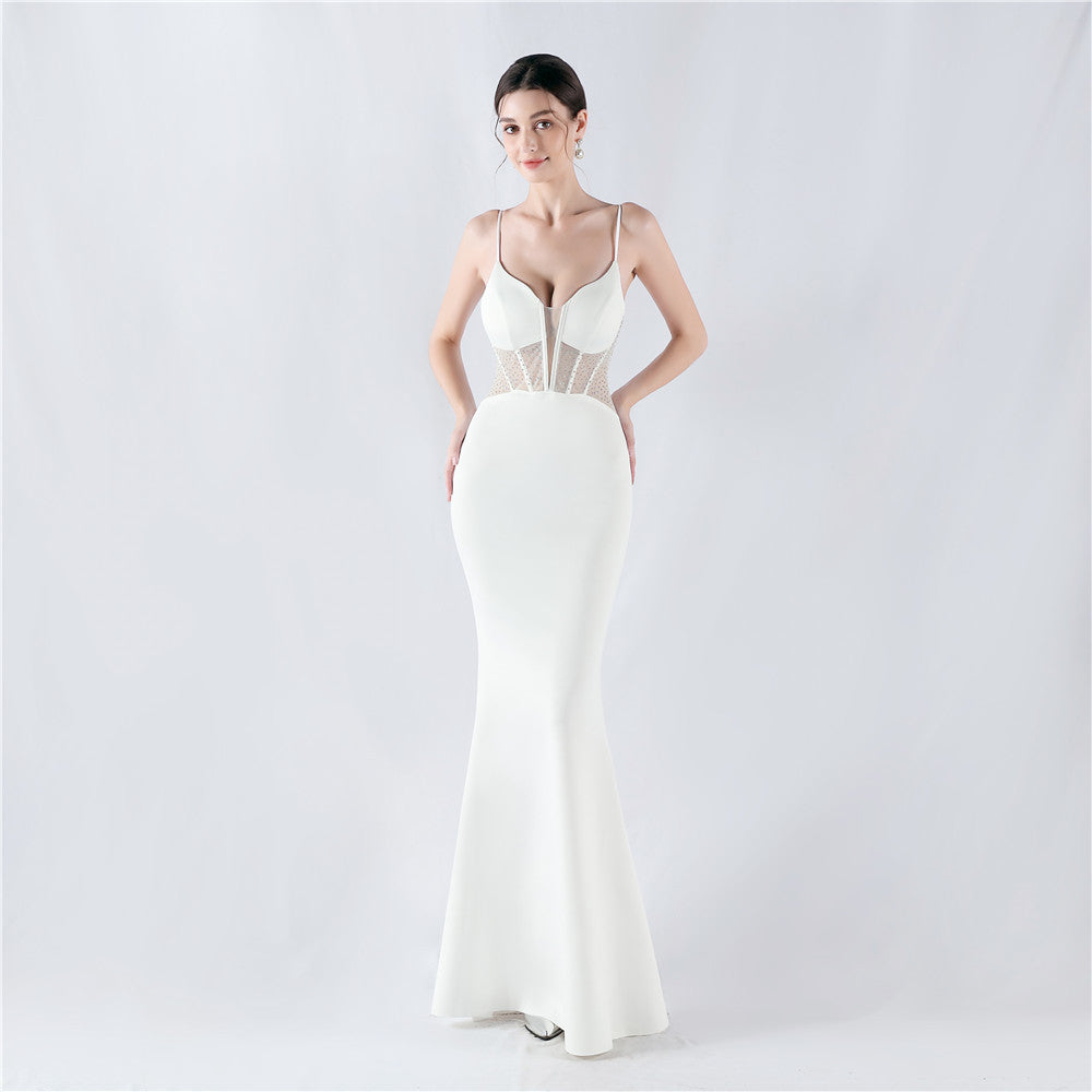 31916 #Hot trade new heavy industry fishbone vest shaping mesh yarn hot diamond sling hip fish tail evening dress