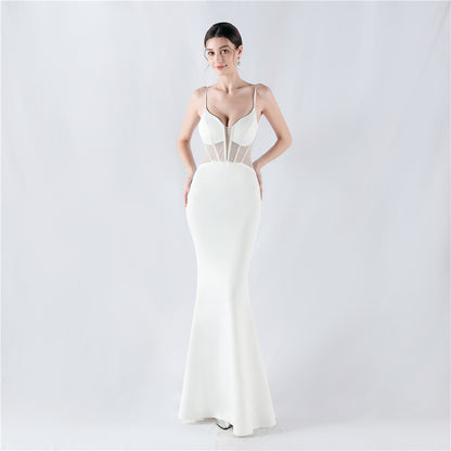 31916 #Hot trade new heavy industry fishbone vest shaping mesh yarn hot diamond sling hip fish tail evening dress