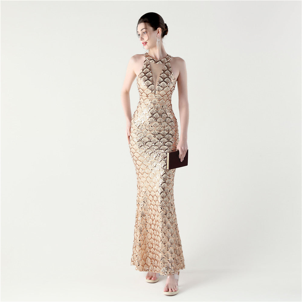 33133 #2025 new sequined mesh slim hip wrap sexy off-the-shoulder women's evening dress dinner party dress