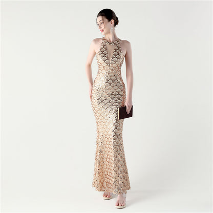 33133 #2025 new sequined mesh slim hip wrap sexy off-the-shoulder women's evening dress dinner party dress