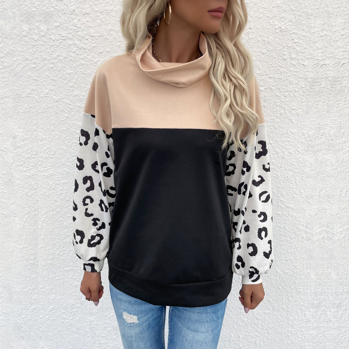 LOVEVOP New Cross-border popular autumn and winter new products 2025 casual tops leopard print color matching long-sleeved turtleneck sweater