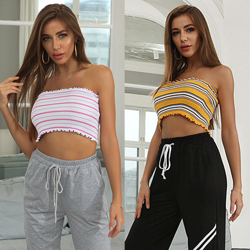 LOVEVOP Summer Popular, 2025,  New Popular trade pullover women's clothing sexy backless navel sleeveless striped tube top outer wear