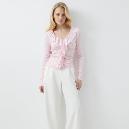 Chiffon shirt women's V-neck thin pleated design long-sleeved top spring three-dimensional tailoring commuter casual temperament top