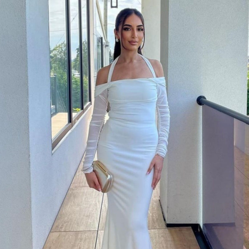 LOVEVOP 2025 women's clothing Hot autumn and winter new fashion personalized slim-fitting neck long-sleeved lace-up shoulder dress wholesale