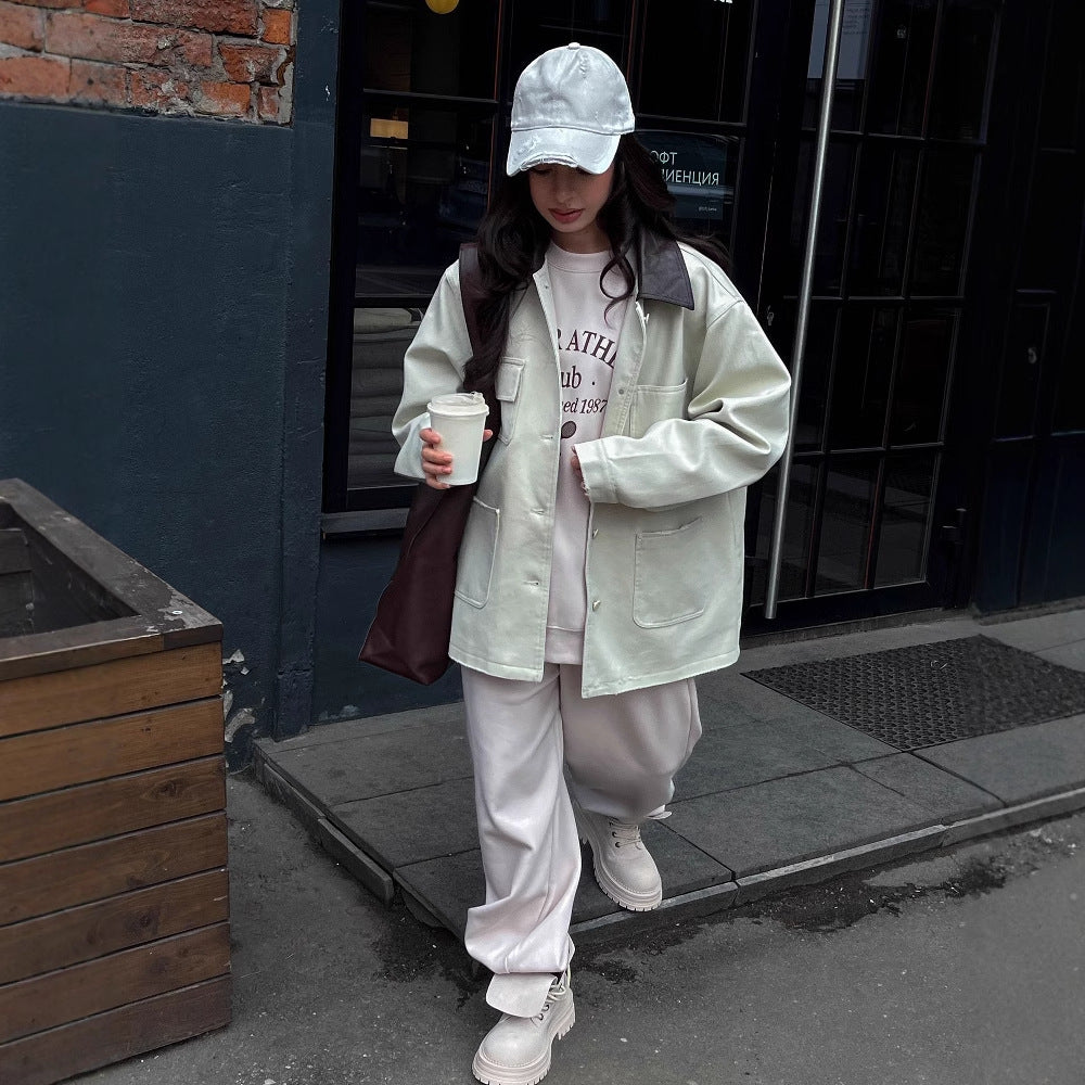 Spring new n retro tooling PU leather lapel silhouette jacket women's loose casual long-sleeved cardigan jacket women