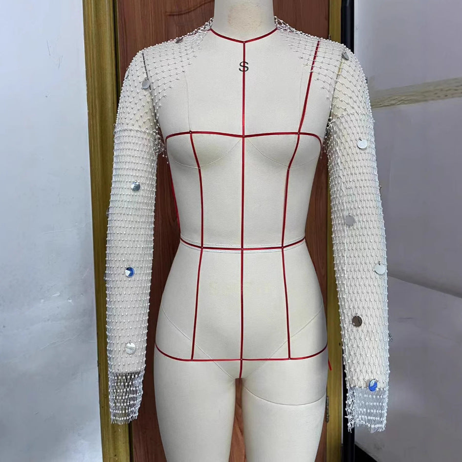 2025 F4911Y Cross mirror fishnet sequined cardigan top with diamonds Blingbling  Coverups top