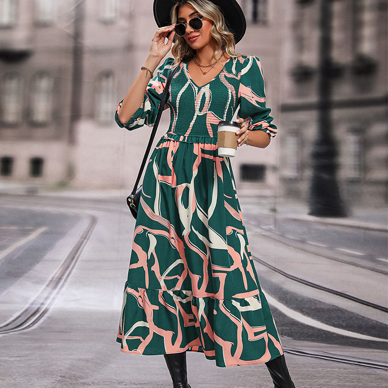 LOVEVOP New Hot Trade Cross-border Printed Long Sleeve Dress Hot Autumn New 2025 Fashion Skirt Women