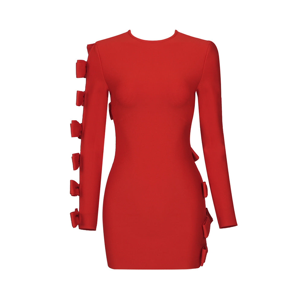 LOVEVOP Red hollow bow long-sleeved bandage dress  women's clothing new sexy New short skirt early autumn