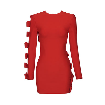LOVEVOP Red hollow bow long-sleeved bandage dress  women's clothing new sexy New short skirt early autumn