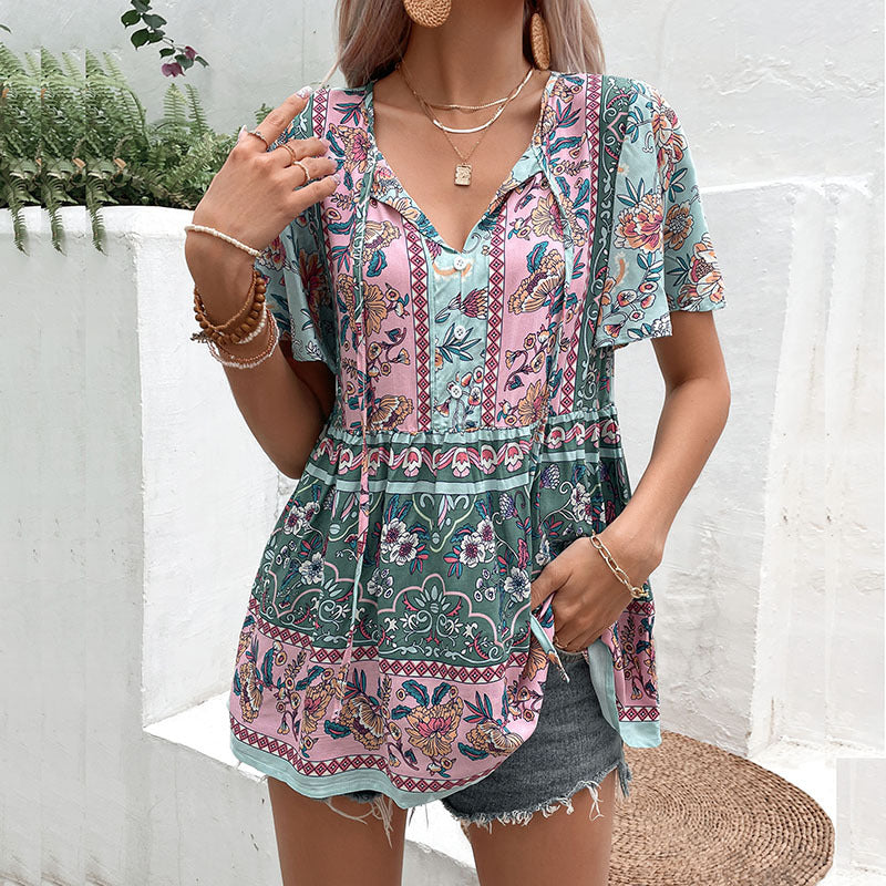 LOVEVOP New Popular trade popular summer new women's clothing 2025 casual tops holiday style printing strap shirt