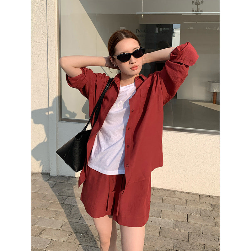 2025 [4 colors optional] Modal long-sleeved shirt + casual shorts 2025 spring and summer Korean version two-piece suit female T283