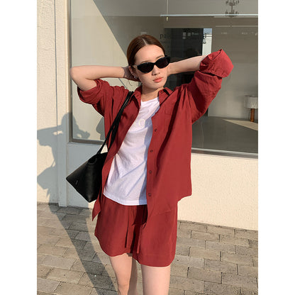 2025 [4 colors optional] Modal long-sleeved shirt + casual shorts 2025 spring and summer Korean version two-piece suit female T283