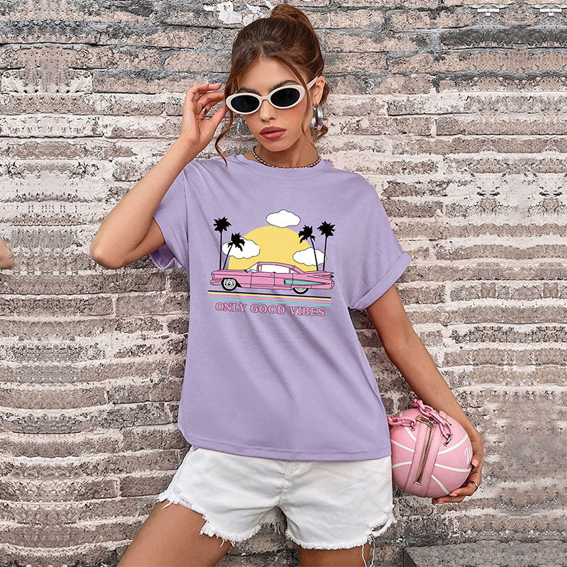 LOVEVOP New popular Summer 2025 Women's Clothing Crew Neck Printed Basic Top Guangzhou Short Sleeve T-Shirt
