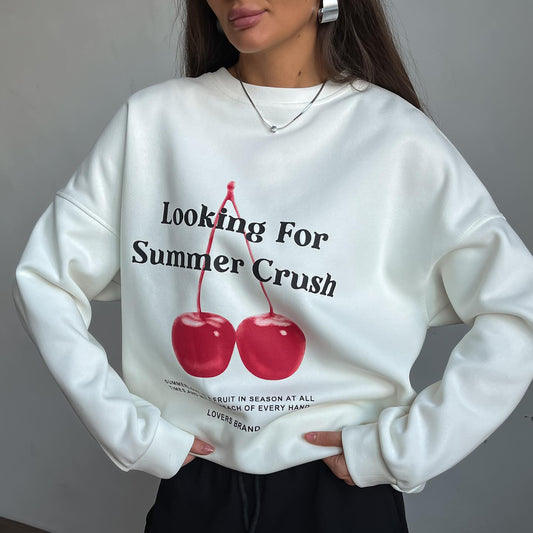 Hot Trade Popular and  Spring Thin Crew Neck Long Sleeve Jacket Loose Casual Fashion Cherry Printed Sweater Women