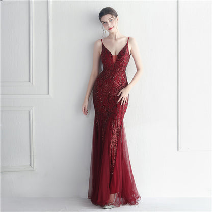 19865 #Spot sequined mesh sexy suspender star Internet celebrity event long evening dress dress