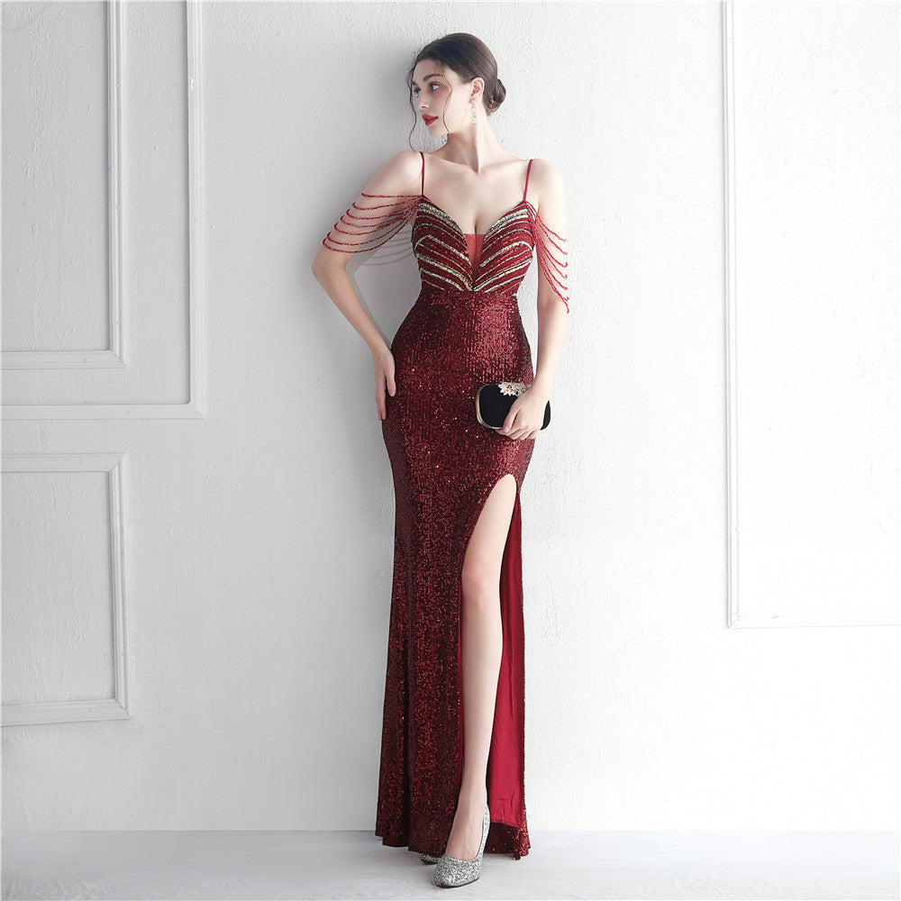 19939 #spot Popular trade fashion red carpet formal settings bead chain suspender long evening dress