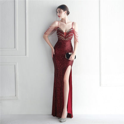 19939 #spot Popular trade fashion red carpet formal settings bead chain suspender long evening dress