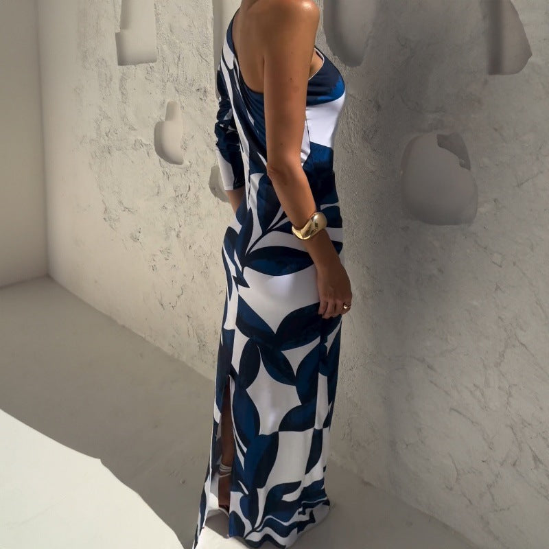 LOVEVOP 2025 cross-border women's clothing Hot summer new trend printing diagonal neck bubble sleeve fashion split-ended long dress