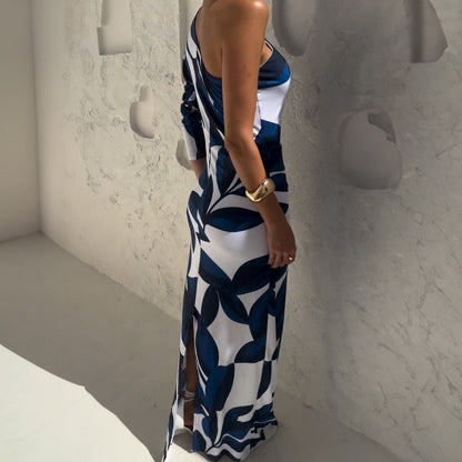 LOVEVOP 2025 cross-border women's clothing Hot summer new trend printing diagonal neck bubble sleeve fashion split-ended long dress