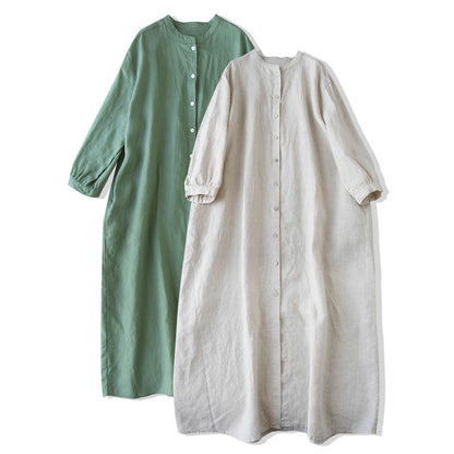 Japanese literary stand-up collar long shirt skirt  summer new Mori age-reducing loose cotton and linen robe dress