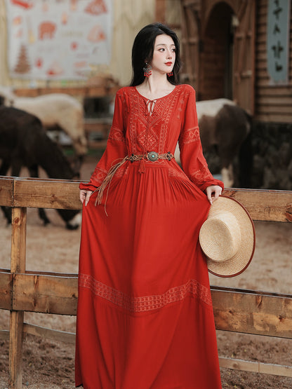 stunning retro embroidered dress women's bohemian vacation dress desert red dress red grassland dress